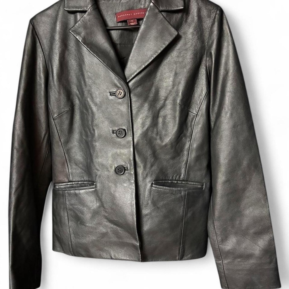 Margaret Godfrey Black Genuine Leather Jacket Button Front Vintage 90s Small
